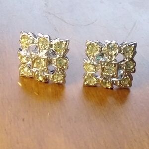 Sarah Coventry Earrings Clip On Silvertone Yellow Stone Sarah OX